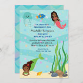 アフリカ系アメリカ人マーメイド誕生日パーティー 招待状 (正面/裏面)