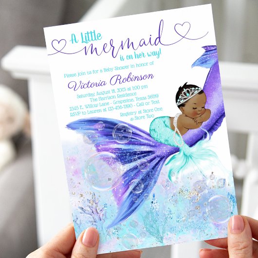 アフリカ系アメリカ人マーメイド赤ちゃんシャワー 招待状