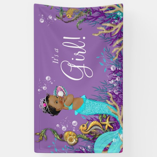 アフリカ系アメリカ人マーメイド赤ちゃんシャワー 横断幕 (縦)