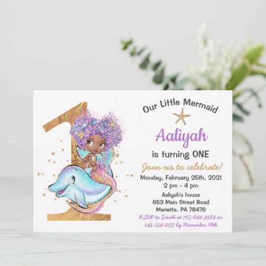 アフリカ系アメリカ人マーメイド1歳の招待状 招待状 (スタンド正面)