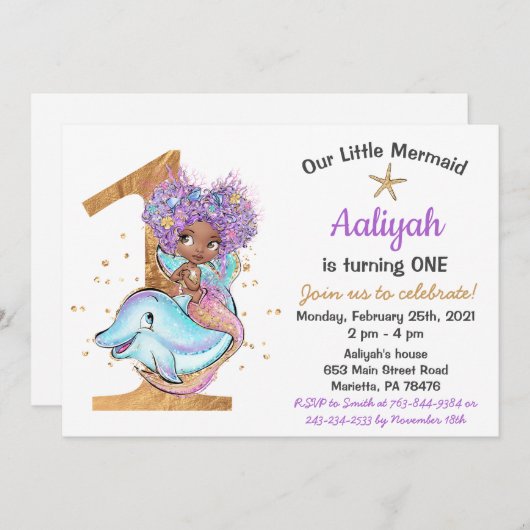 アフリカ系アメリカ人マーメイド1歳の招待状 招待状 (正面/裏面)