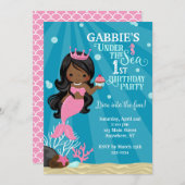 アフリカ系アメリカ人マーメイド1ST誕生日招待状 招待状 (正面/裏面)