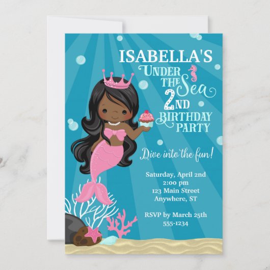 アフリカ系アメリカ人マーメイド2ND誕生日招待状 招待状 (正面)