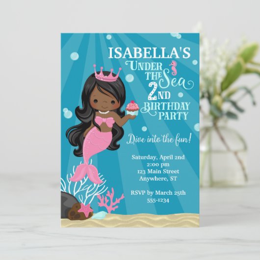 アフリカ系アメリカ人マーメイド2ND誕生日招待状 招待状 (スタンド正面)