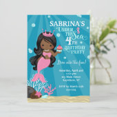 アフリカ系アメリカ人マーメイド4歳の誕生日招待状 招待状 (スタンド正面)