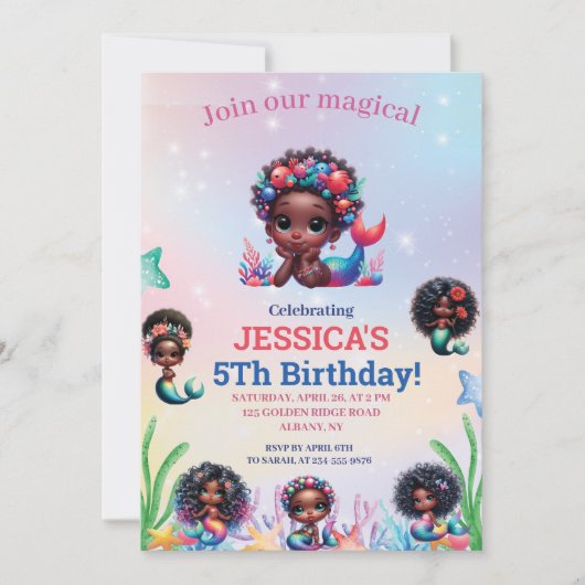 アフリカ系アメリカ人マーメイド5th誕生日写真 招待状 (正面)