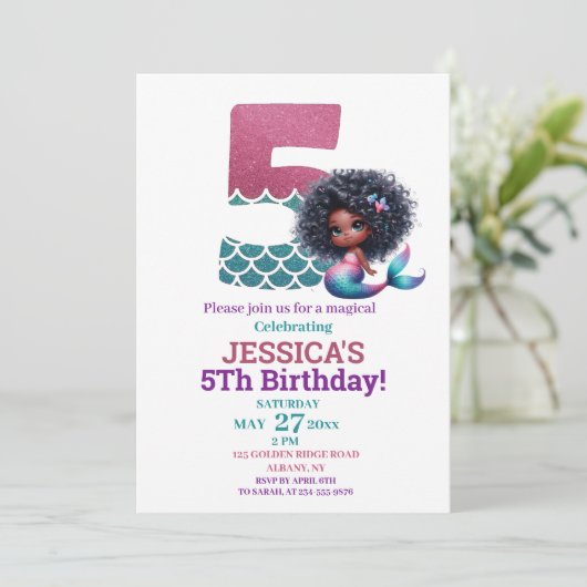 アフリカ系アメリカ人マーメイド5th誕生日写真 招待状 (スタンド正面)