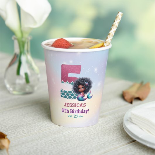 アフリカ系アメリカ人マーメイド5th誕生日写真 紙コップ (インサイチュ)