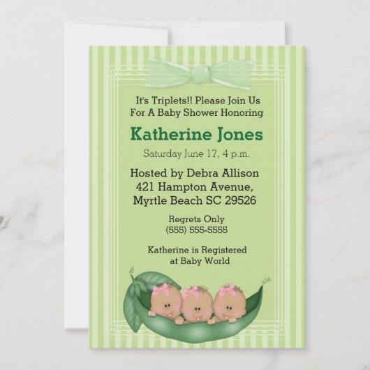 アフリカ系アメリカ人三つ子ガールベビーシャワー招待状 招待状 (正面)