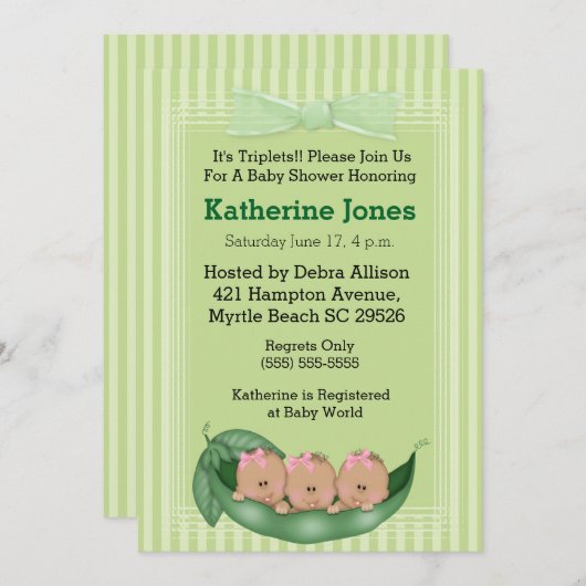アフリカ系アメリカ人三つ子ガールベビーシャワー招待状 招待状 (正面/裏面)