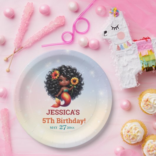 アフリカ系アメリカ人人魚メイド第5誕生日 ペーパープレート (パーティー)