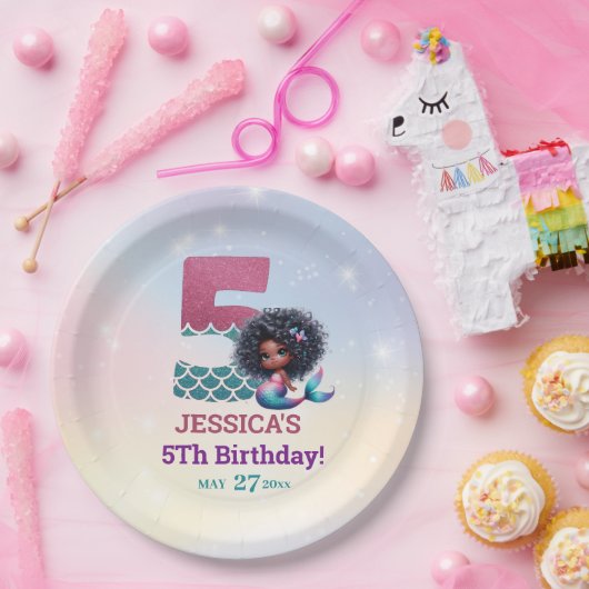 アフリカ系アメリカ人人魚メイド第5誕生日 ペーパープレート (パーティー)