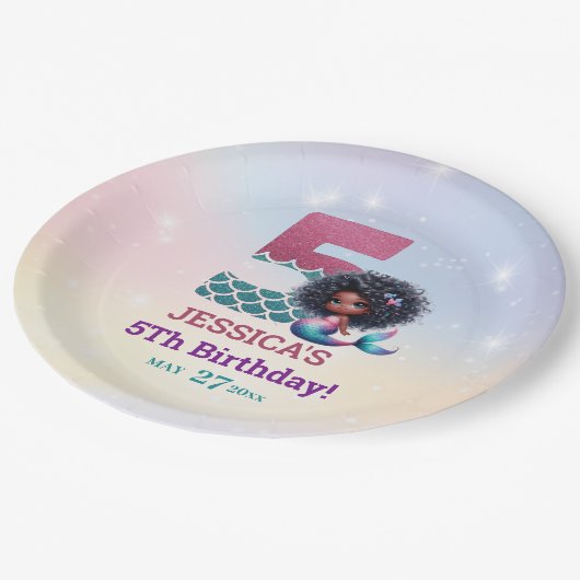 アフリカ系アメリカ人人魚メイド第5誕生日 ペーパープレート (アングル)