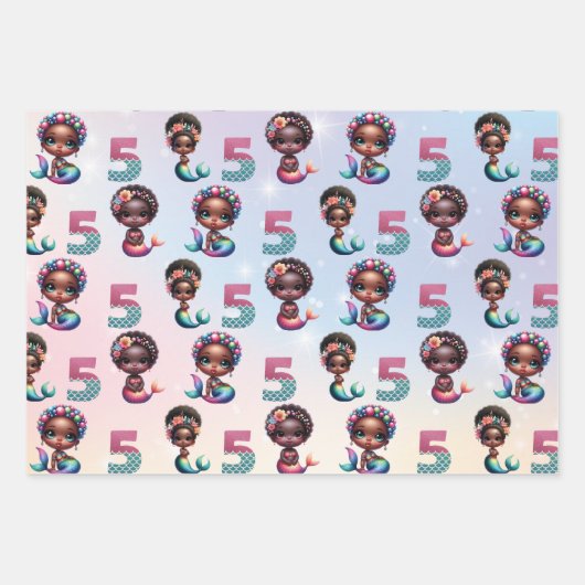 アフリカ系アメリカ人人魚メイド第5誕生日 ラッピングペーパーシート (正面3)