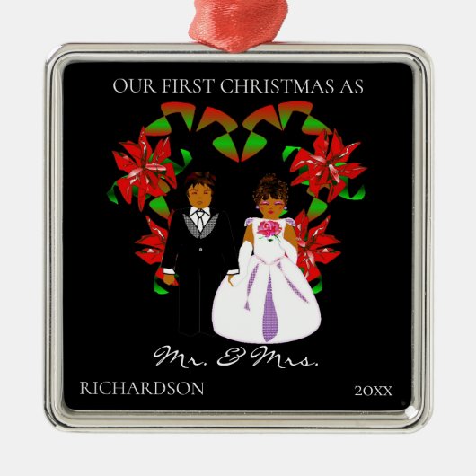 アフリカ系アメリカ人初めてのクリスマスのミスター・アンド・ミセス メタルオーナメント (正面)