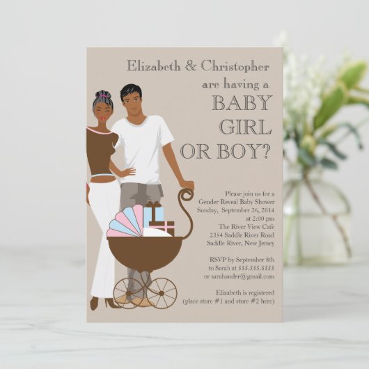 アフリカ系アメリカ人夫婦の性別が赤ちゃんシャワーを浴びる 招待状 (スタンド正面)