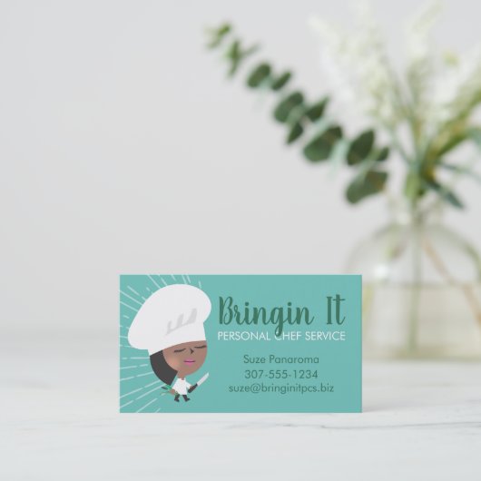 アフリカ系アメリカ人女性がナイフハーブを作る可愛い 名刺 (スタンド正面)