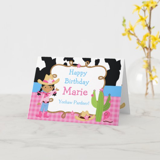 アフリカ系アメリカ人女性のカーボーイウェスタン誕生日パーティー カード (黄色い花)