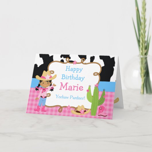 アフリカ系アメリカ人女性のカーボーイウェスタン誕生日パーティー カード (正面)