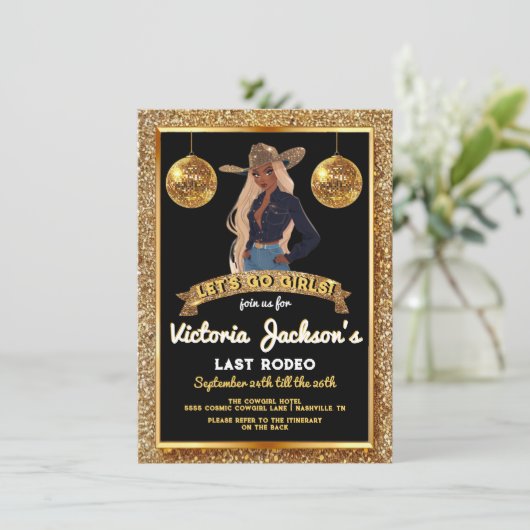 アフリカ系アメリカ人女性のカーボーイ金ゴールドグリッターラストロデオ 招待状 (スタンド正面)