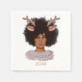 アフリカ系アメリカ人女性トナカイのクリスマス スタンダードカクテルナプキン (正面)