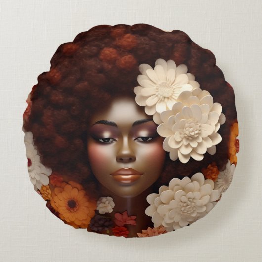 アフリカ系アメリカ人女性ブラッククイーンメラニンポピン ラウンドクッション (正面)