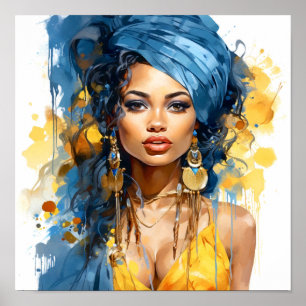 アフリカ系アメリカ人女性ブルーとイエロー絵画ズ ポスター