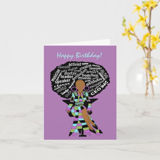 アフリカ系アメリカ人女性ワードアート誕生日カード カード (黄色い花)