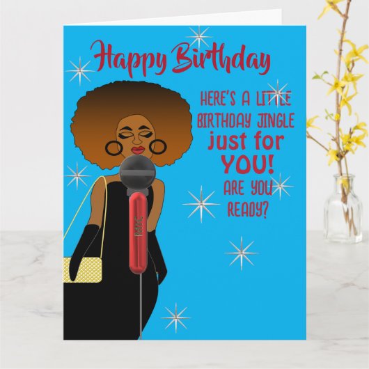アフリカ系アメリカ人女性歌声ギター誕生日 カード (黄色い花)