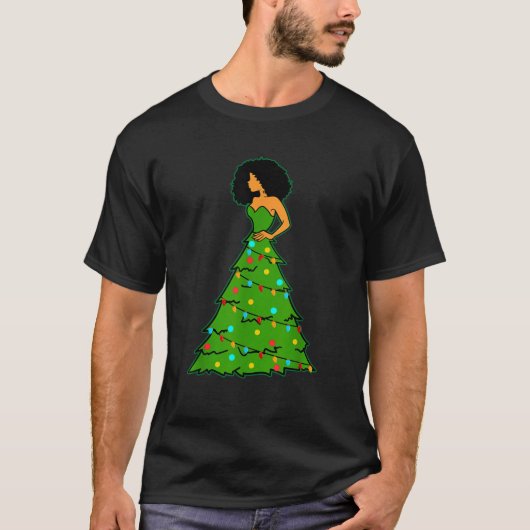 アフリカ系アメリカ人女性 クリスマスツリー クリスマスの飾り Tシャツ (正面)