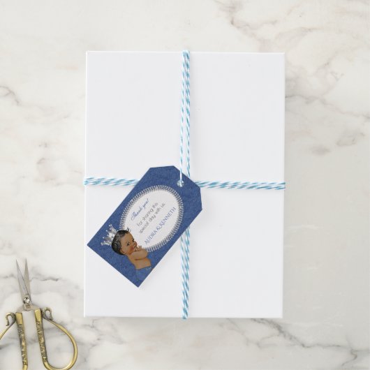 アフリカ系アメリカ人男の赤ちゃんデニム&ダイアモンズクラウン ギフトタグ (より糸つき)