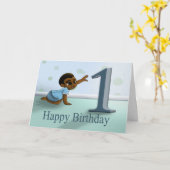 アフリカ系アメリカ人男の赤ちゃん1歳の誕生日 カード (黄色い花)