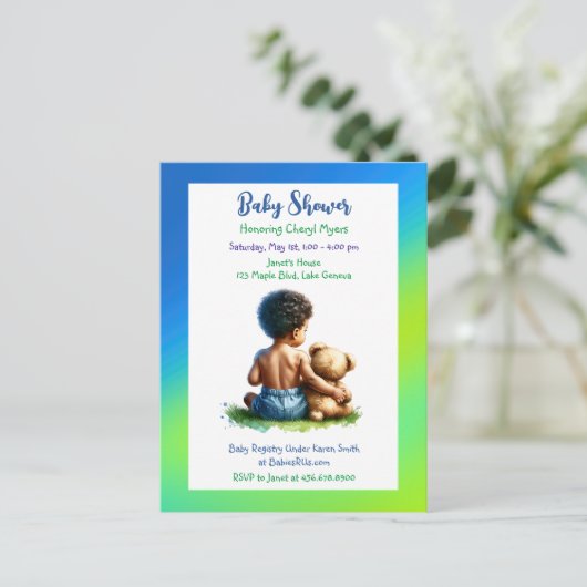 アフリカ系アメリカ人男の赤ちゃん（テディ・ベビーシャワー付） ポストカード (スタンド正面)
