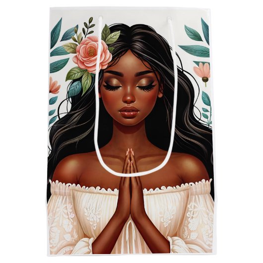 アフリカ系アメリカ人祈女性 ミディアムペーパーバッグ (裏面)