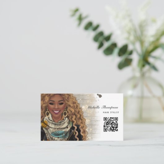 アフリカ系アメリカ人美容師QRコード 名刺 (スタンド正面)