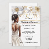 アフリカ系アメリカ人花嫁ホワイト金ゴールド花ブライダル 招待状 (正面/裏面)