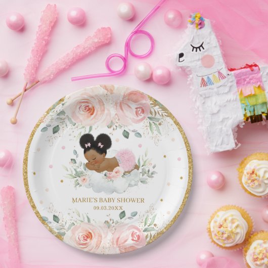 アフリカ系アメリカ人赤面フローラガールベビーシャワー ペーパープレート (パーティー)