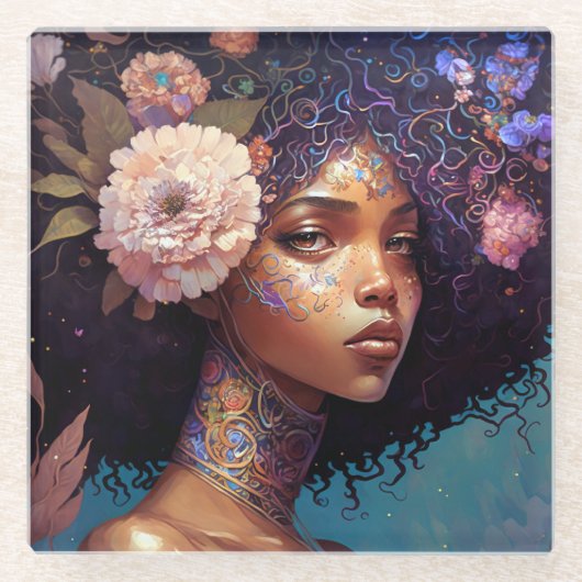 アフリカ系アメリカ人黒女神クイーンファンタジーアート ガラスコースター (正面)
