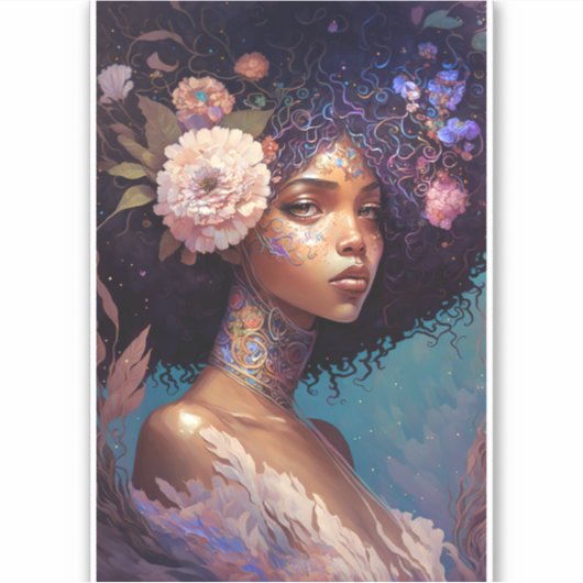 アフリカ系アメリカ人黒女神クイーンファンタジーアート シール (正面)