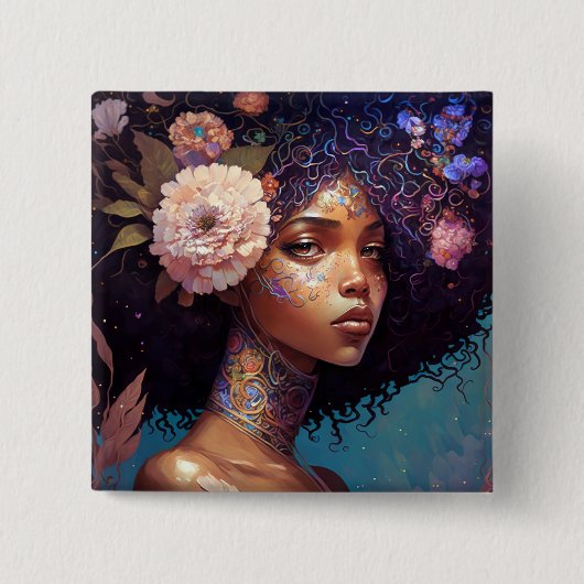 アフリカ系アメリカ人黒女神クイーンファンタジーアート 缶バッジ (正面)