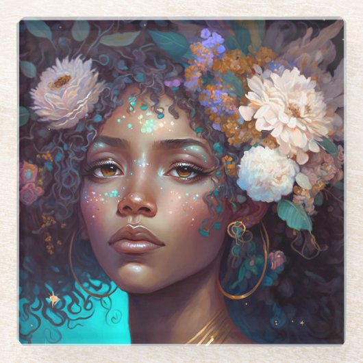 アフリカ系アメリカ人黒女神クイーンファンタジーアートG ガラスコースター (正面)