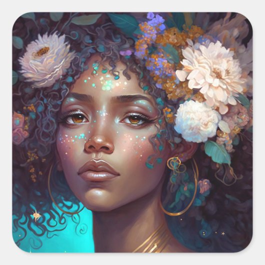 アフリカ系アメリカ人黒女神クイーンファンタジーアートS スクエアシール (正面)