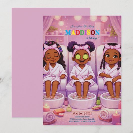 アフリカ系アメリカ人 3人の女の子のスパパーティー 誕生日 招待状 (正面/裏面)