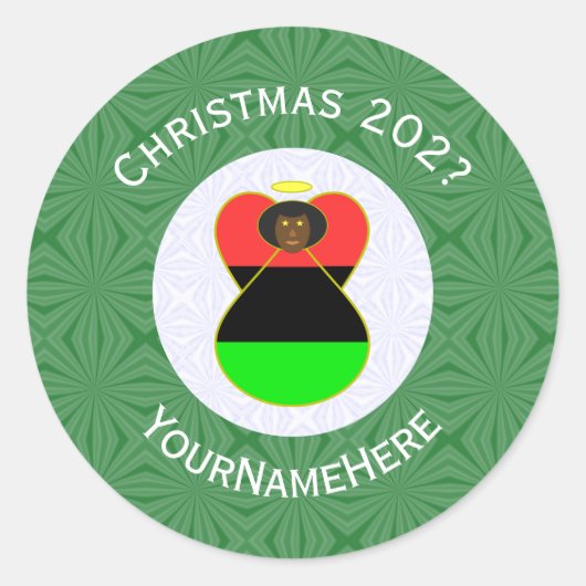 アフリカ系アメリカ国旗のクリスマスエンジェル ラウンドシール (正面)