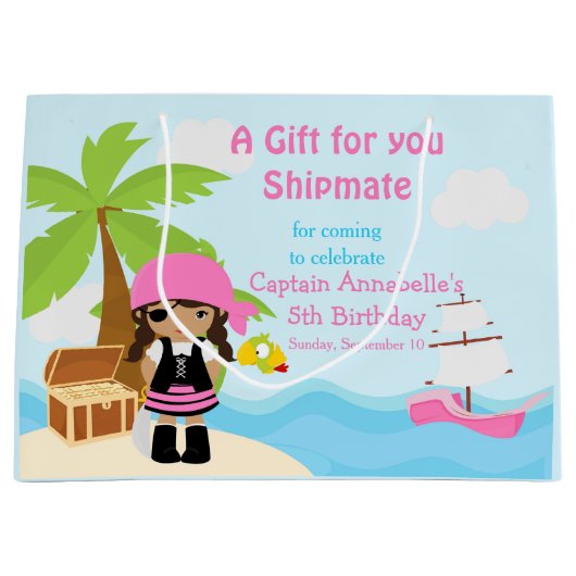 アフリカ系アメリカ海賊少女インピンク誕生日 ラージペーパーバッグ (正面)
