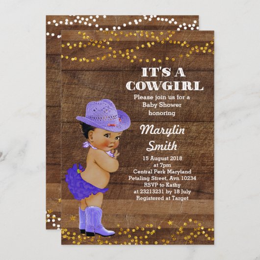 アフリカ系アメリ素朴カ紫女性のカーボーイ赤ちゃんシャワー 招待状 (正面/裏面)
