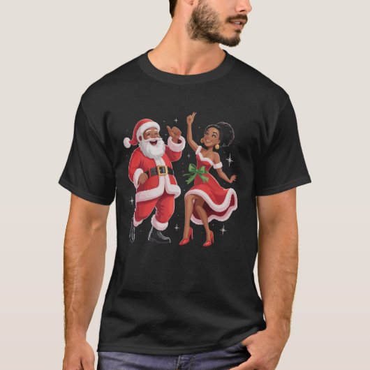 アフリカ系サンタクロース夫人ダンスアメリカンクリスマス Tシャツ (正面)