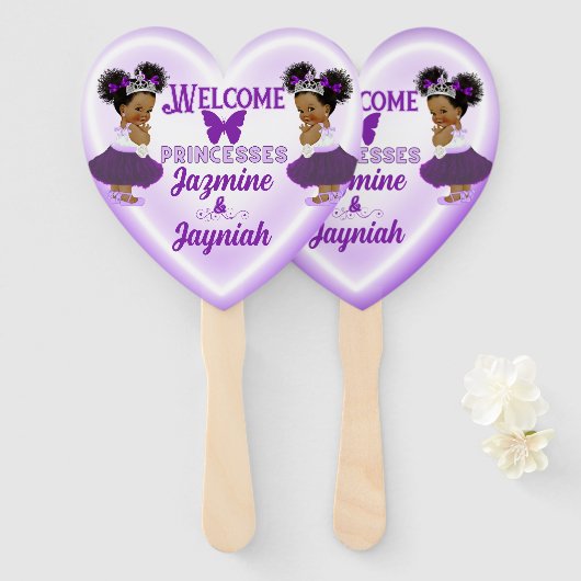 アフリカ紫王室のプリンセスツインベビーシャワー ハンドファン (正面&裏面)