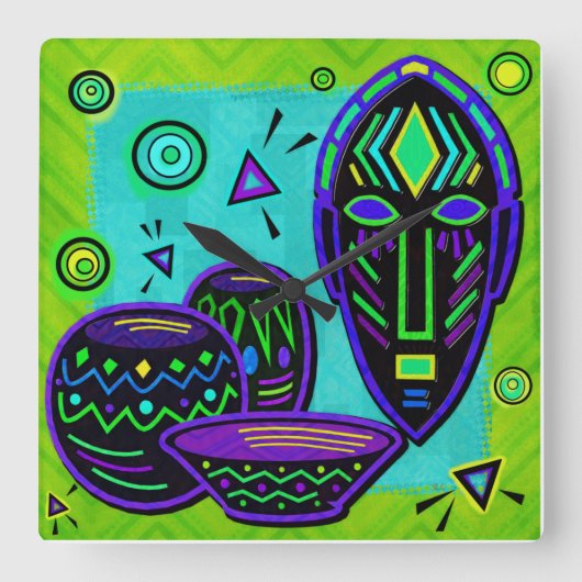 アフリカ美術ポップ・アートの品 スクエア壁時計 (正面)