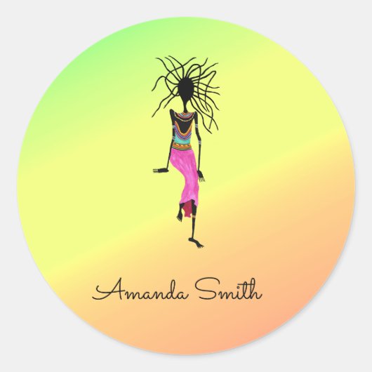 アフリカ美術、カラフルモノグラム女性戦士 ラウンドシール (正面)